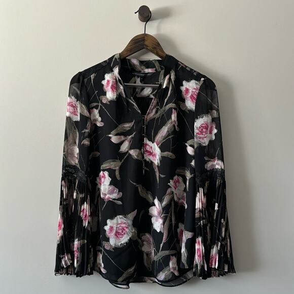 WHITE HOUSE BLACK MARKET FLORAL PLEATED BELL SLEEVE BLOUSE W/LACE SIZE 8P - Picture 2 of 10